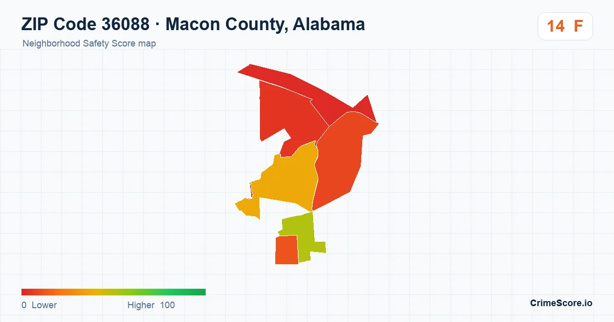 ZIP Code 36088 in Macon County, Alabama neighborhood Safety Score map