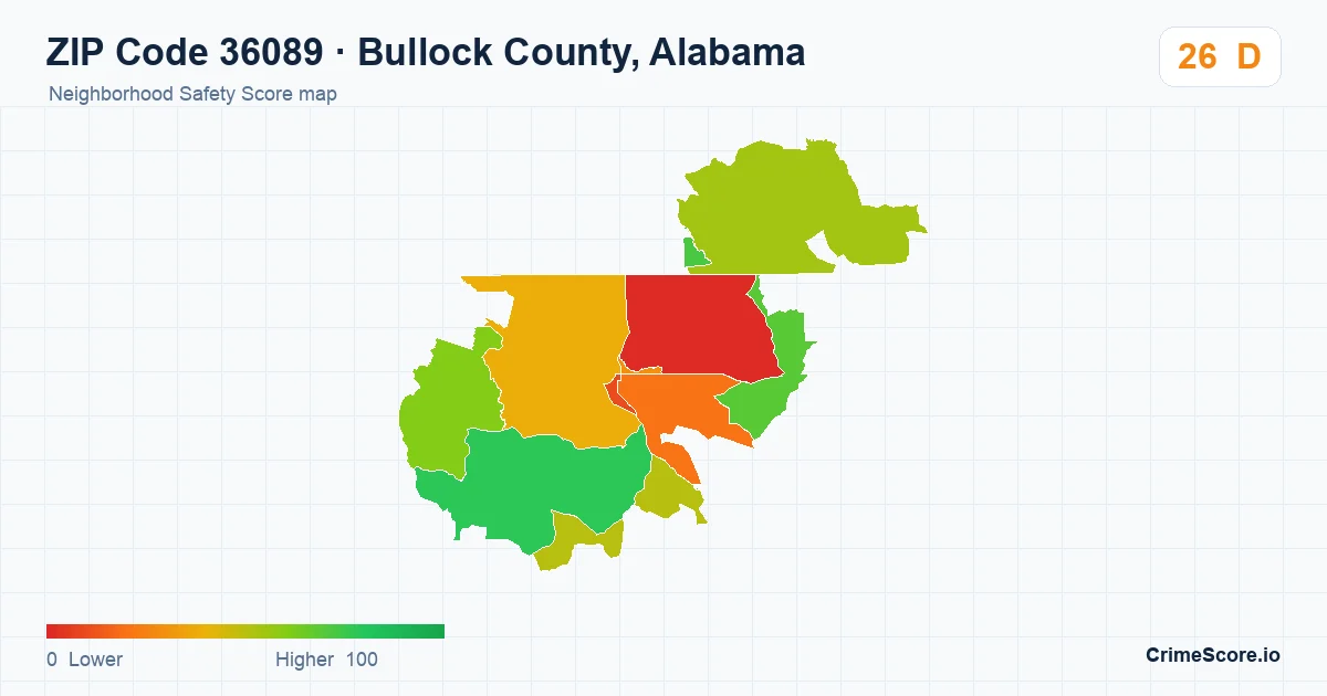 ZIP Code 36089 in Bullock County, Alabama neighborhood Safety Score map