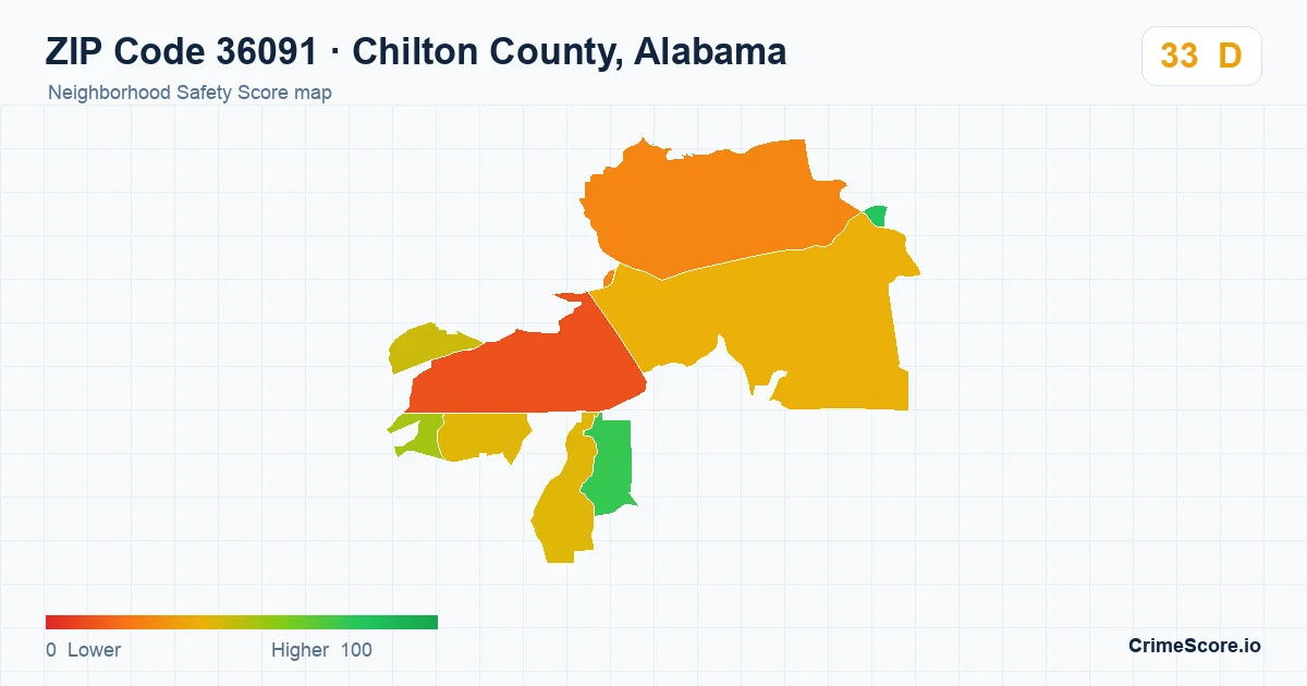 ZIP Code 36091 in Chilton County, Alabama neighborhood Safety Score map