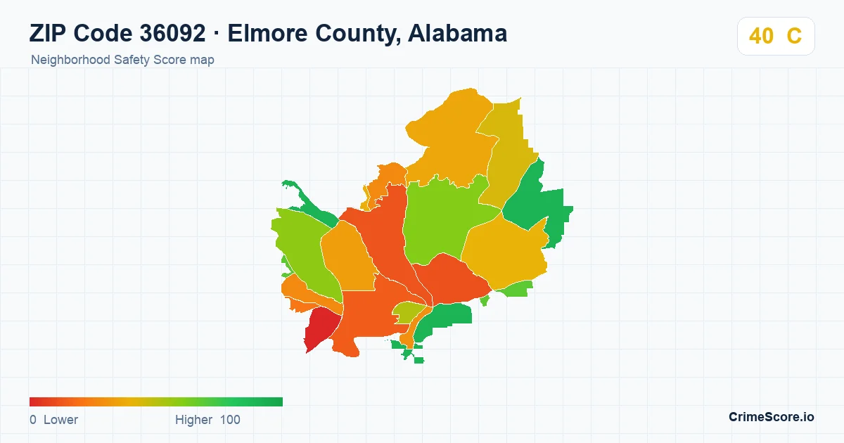 ZIP Code 36092 in Elmore County, Alabama neighborhood Safety Score map