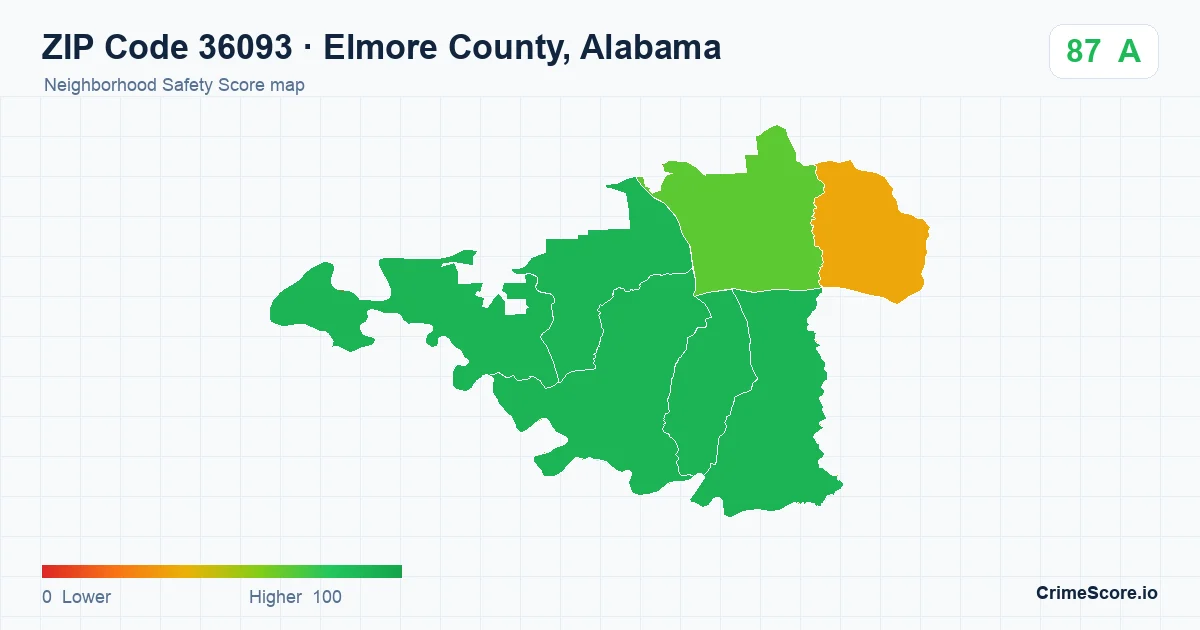 ZIP Code 36093 in Elmore County, Alabama neighborhood Safety Score map