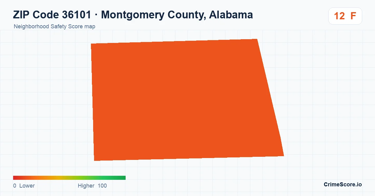 ZIP Code 36101 in Montgomery County, Alabama neighborhood Safety Score map