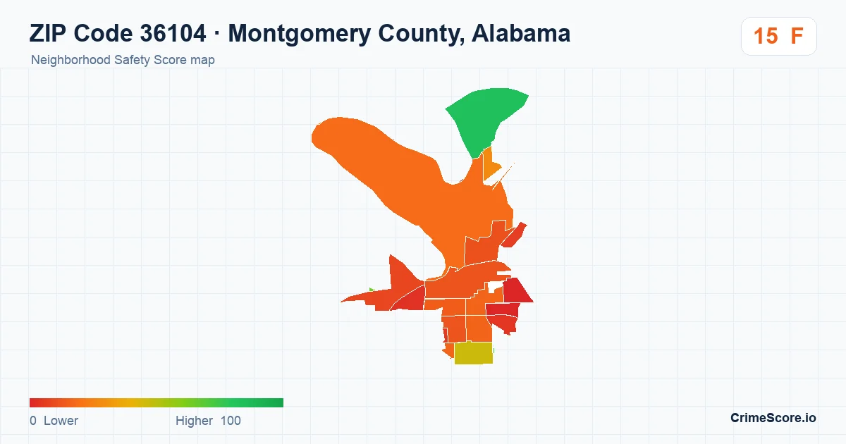 ZIP Code 36104 in Montgomery County, Alabama neighborhood Safety Score map