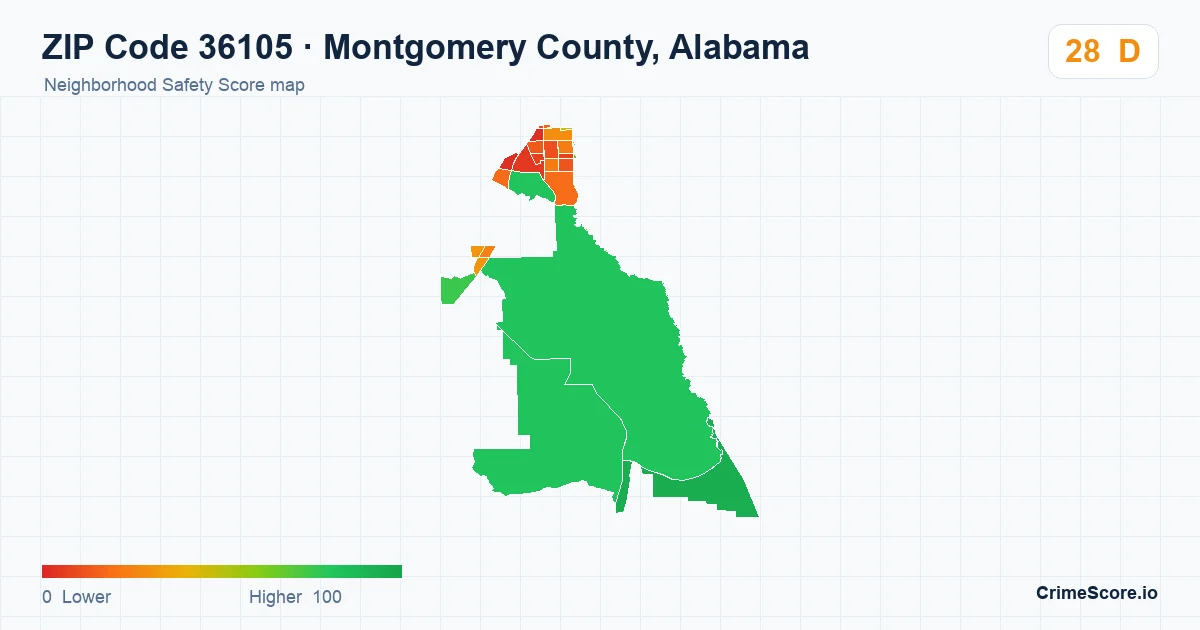 ZIP Code 36105 in Montgomery County, Alabama neighborhood Safety Score map