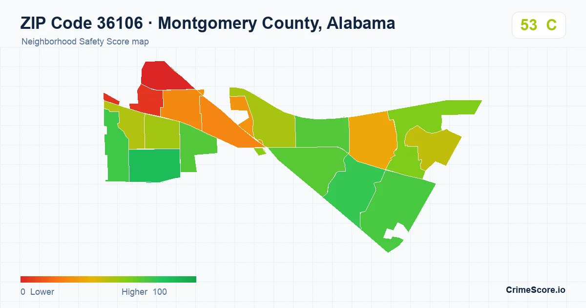 ZIP Code 36106 in Montgomery County, Alabama neighborhood Safety Score map