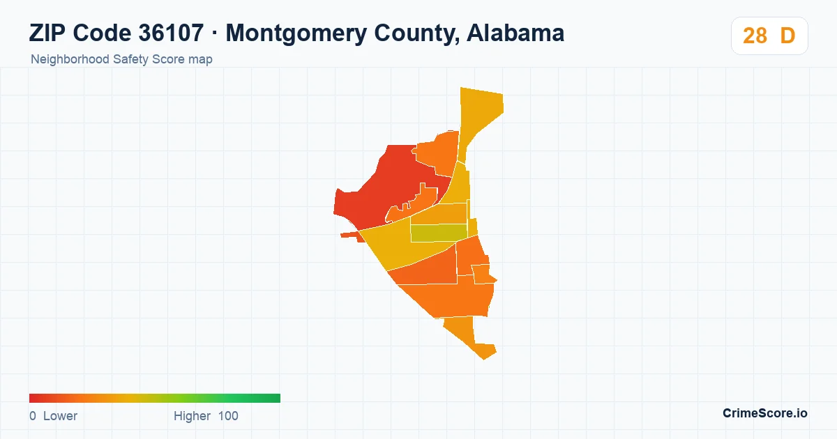 ZIP Code 36107 in Montgomery County, Alabama neighborhood Safety Score map