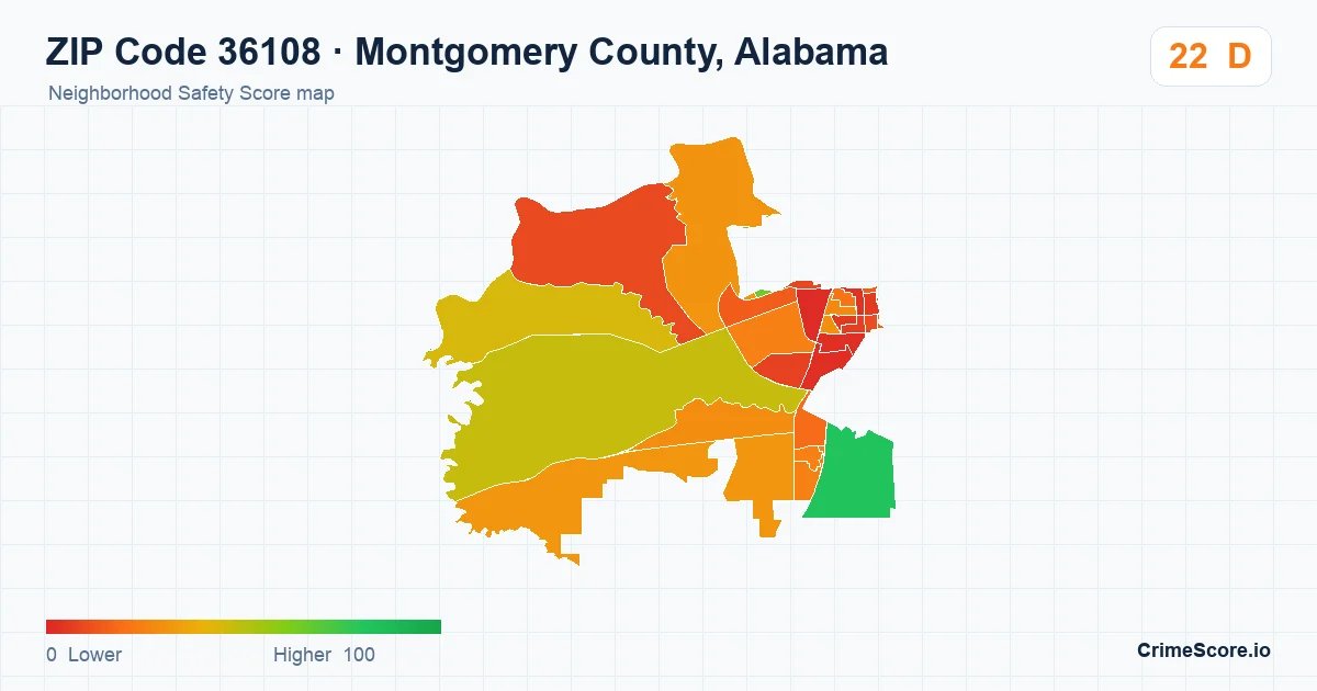 ZIP Code 36108 in Montgomery County, Alabama neighborhood Safety Score map