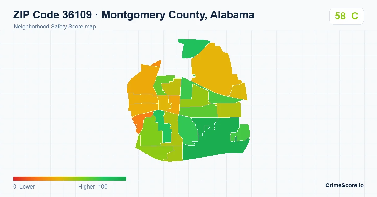 ZIP Code 36109 in Montgomery County, Alabama neighborhood Safety Score map