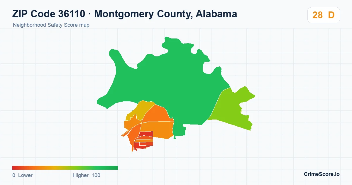 ZIP Code 36110 in Montgomery County, Alabama neighborhood Safety Score map