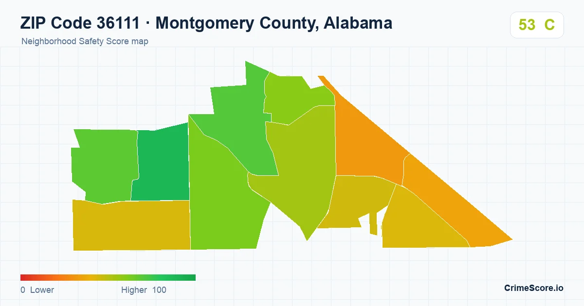 ZIP Code 36111 in Montgomery County, Alabama neighborhood Safety Score map