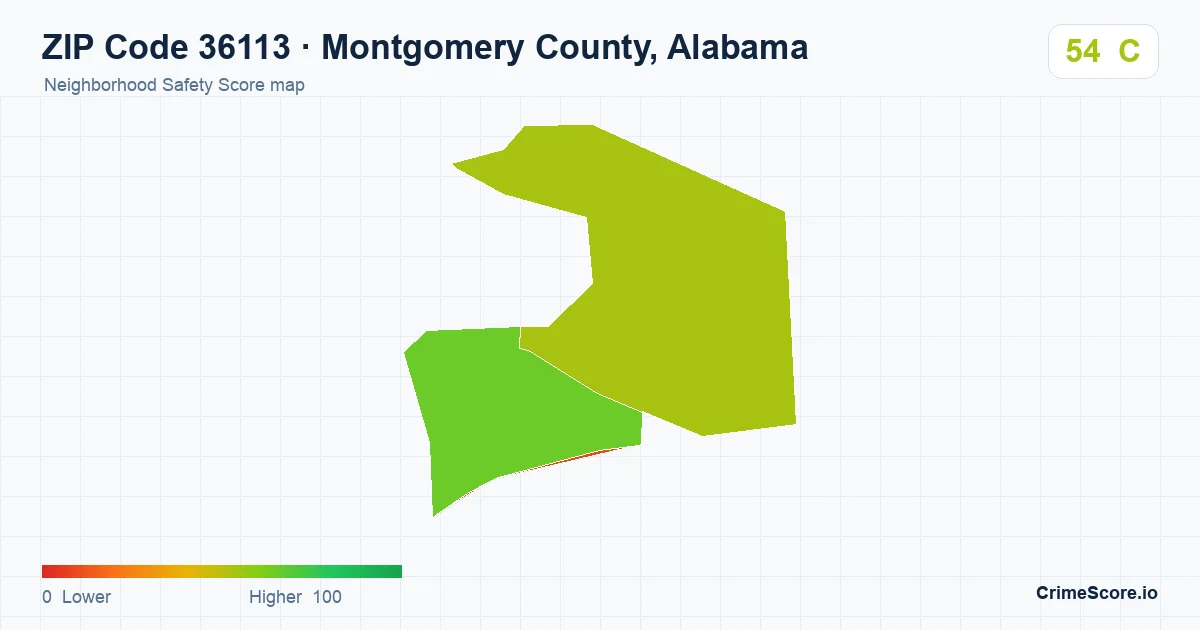 ZIP Code 36113 in Montgomery County, Alabama neighborhood Safety Score map