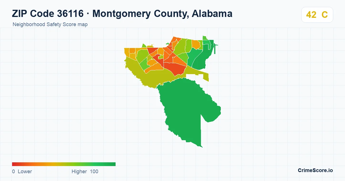 ZIP Code 36116 in Montgomery County, Alabama neighborhood Safety Score map