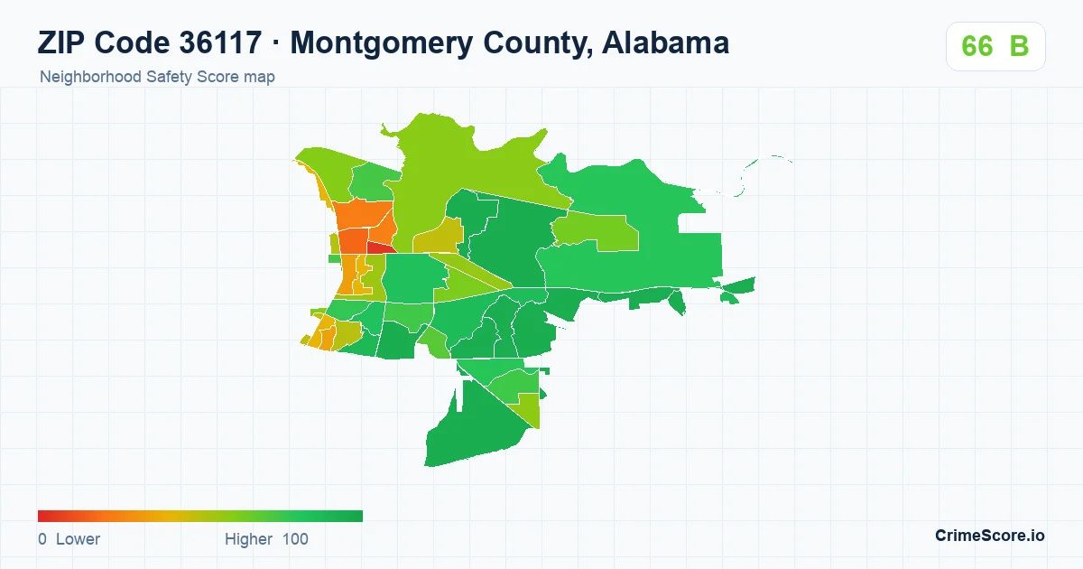 ZIP Code 36117 in Montgomery County, Alabama neighborhood Safety Score map