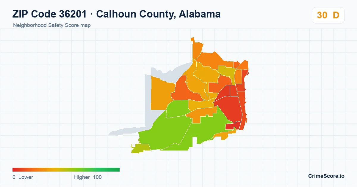 ZIP Code 36201 in Calhoun County, Alabama neighborhood Safety Score map