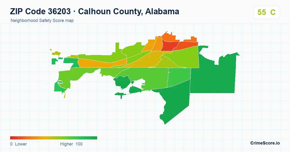 ZIP Code 36203 in Calhoun County, Alabama neighborhood Safety Score map
