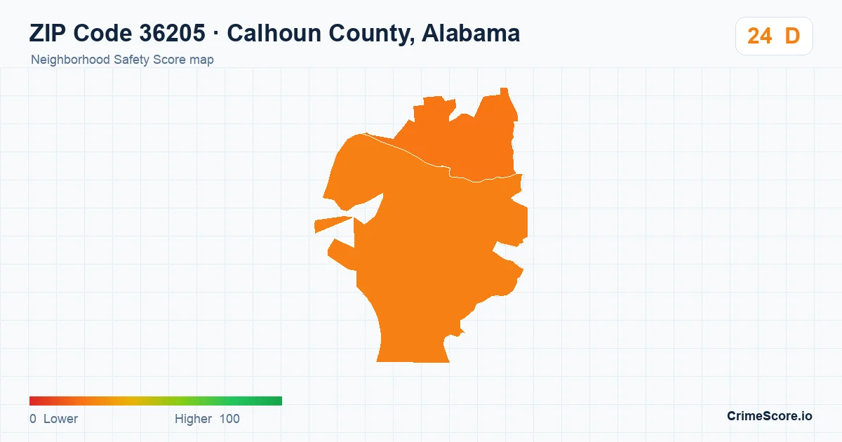 ZIP Code 36205 in Calhoun County, Alabama neighborhood Safety Score map