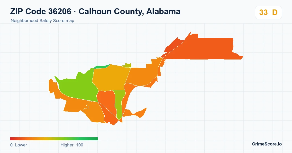ZIP Code 36206 in Calhoun County, Alabama neighborhood Safety Score map
