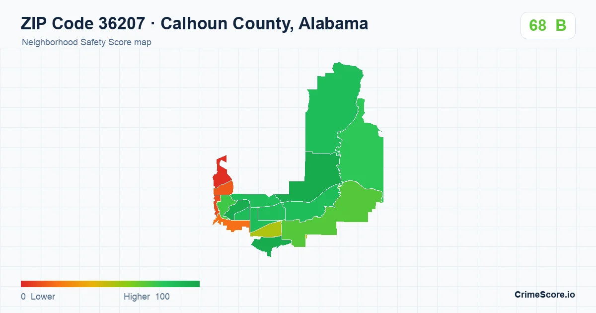 ZIP Code 36207 in Calhoun County, Alabama neighborhood Safety Score map