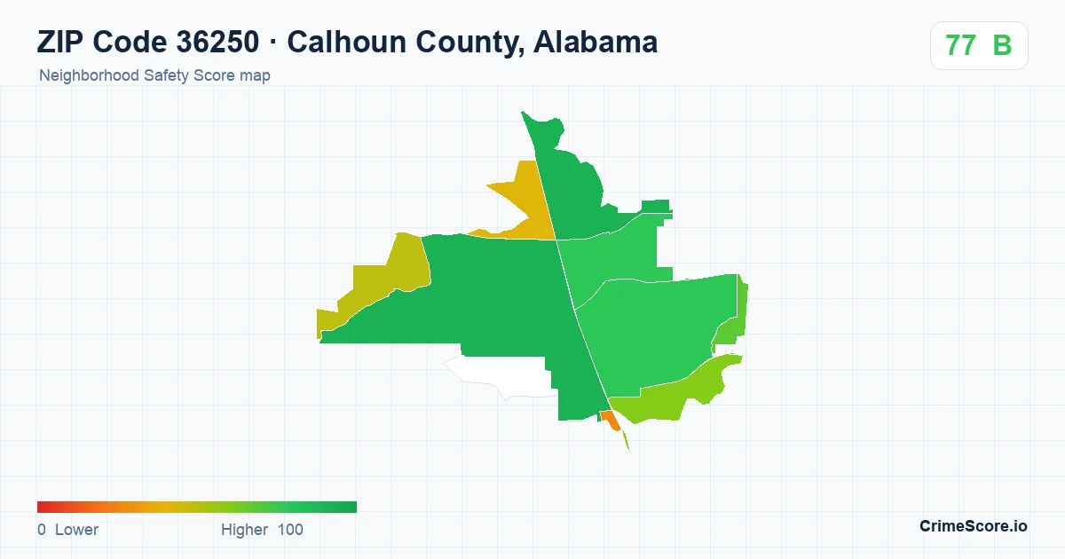 ZIP Code 36250 in Calhoun County, Alabama neighborhood Safety Score map