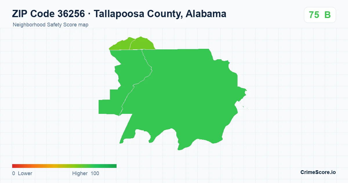 ZIP Code 36256 in Tallapoosa County, Alabama neighborhood Safety Score map
