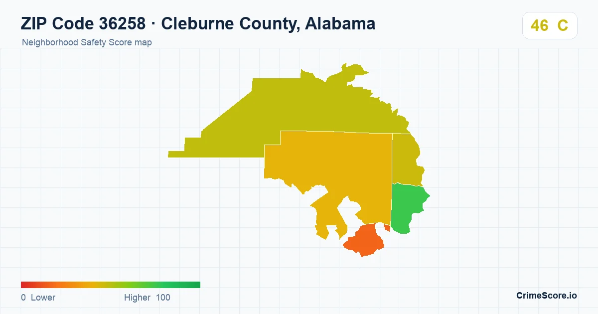 ZIP Code 36258 in Cleburne County, Alabama neighborhood Safety Score map