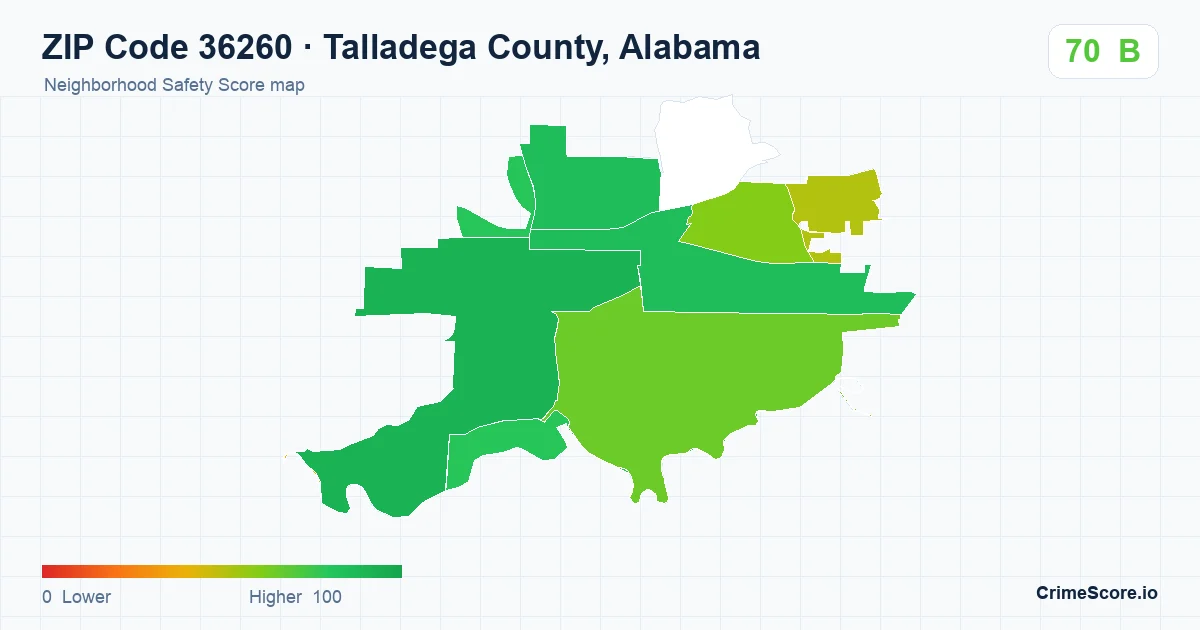 ZIP Code 36260 in Talladega County, Alabama neighborhood Safety Score map