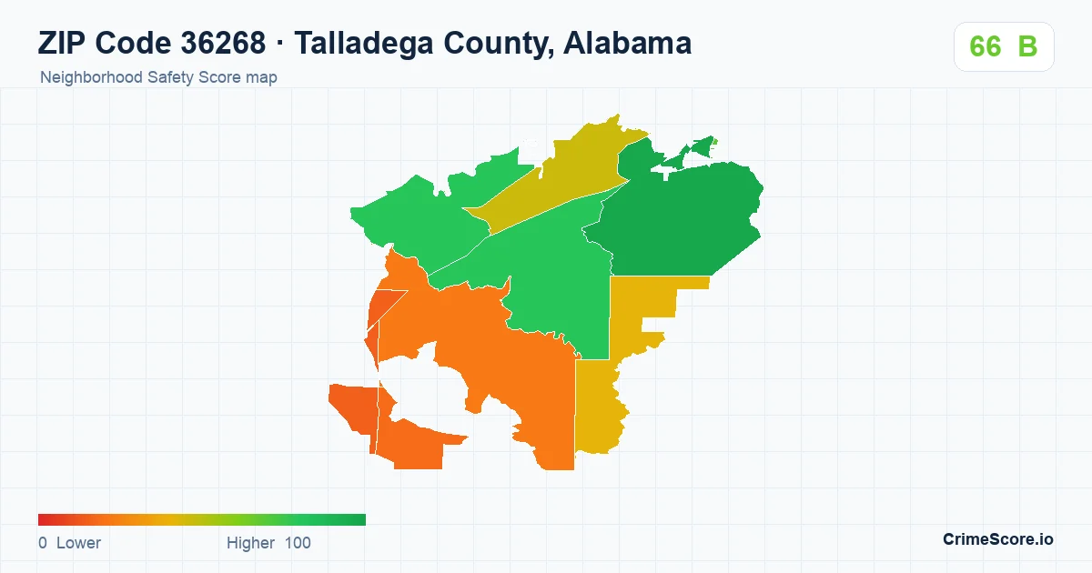 ZIP Code 36268 in Talladega County, Alabama neighborhood Safety Score map