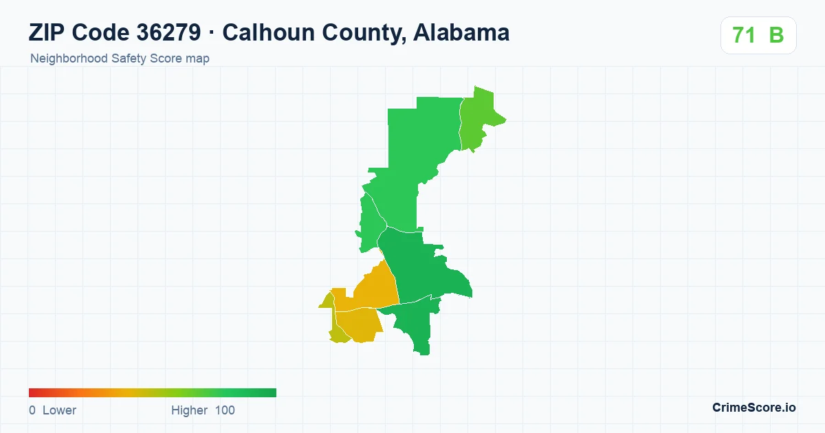 ZIP Code 36279 in Calhoun County, Alabama neighborhood Safety Score map