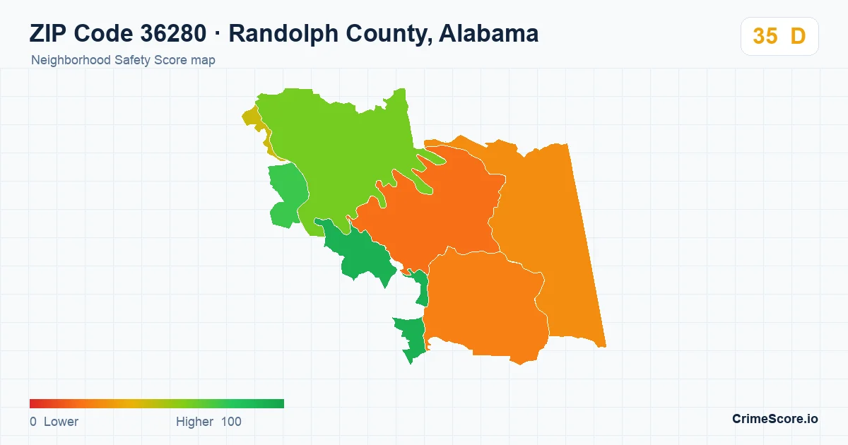 ZIP Code 36280 in Randolph County, Alabama neighborhood Safety Score map