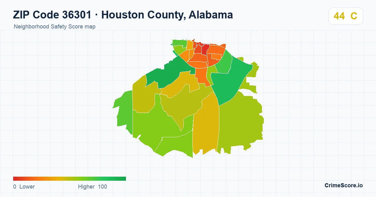 ZIP Code 36301 in Houston County, Alabama neighborhood Safety Score map