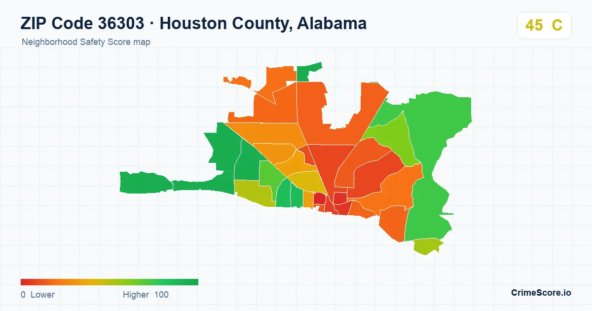 ZIP Code 36303 in Houston County, Alabama neighborhood Safety Score map