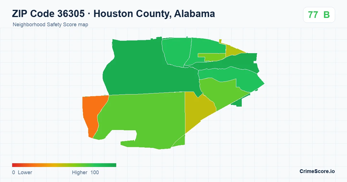 ZIP Code 36305 in Houston County, Alabama neighborhood Safety Score map