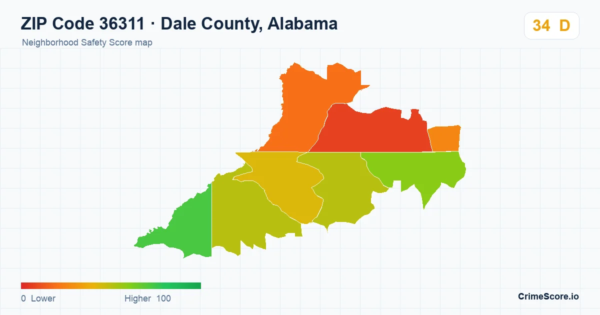 ZIP Code 36311 in Dale County, Alabama neighborhood Safety Score map