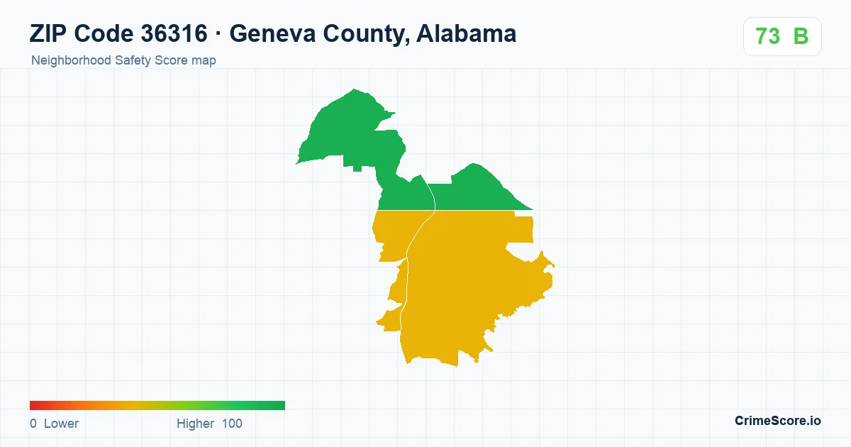 ZIP Code 36316 in Geneva County, Alabama neighborhood Safety Score map