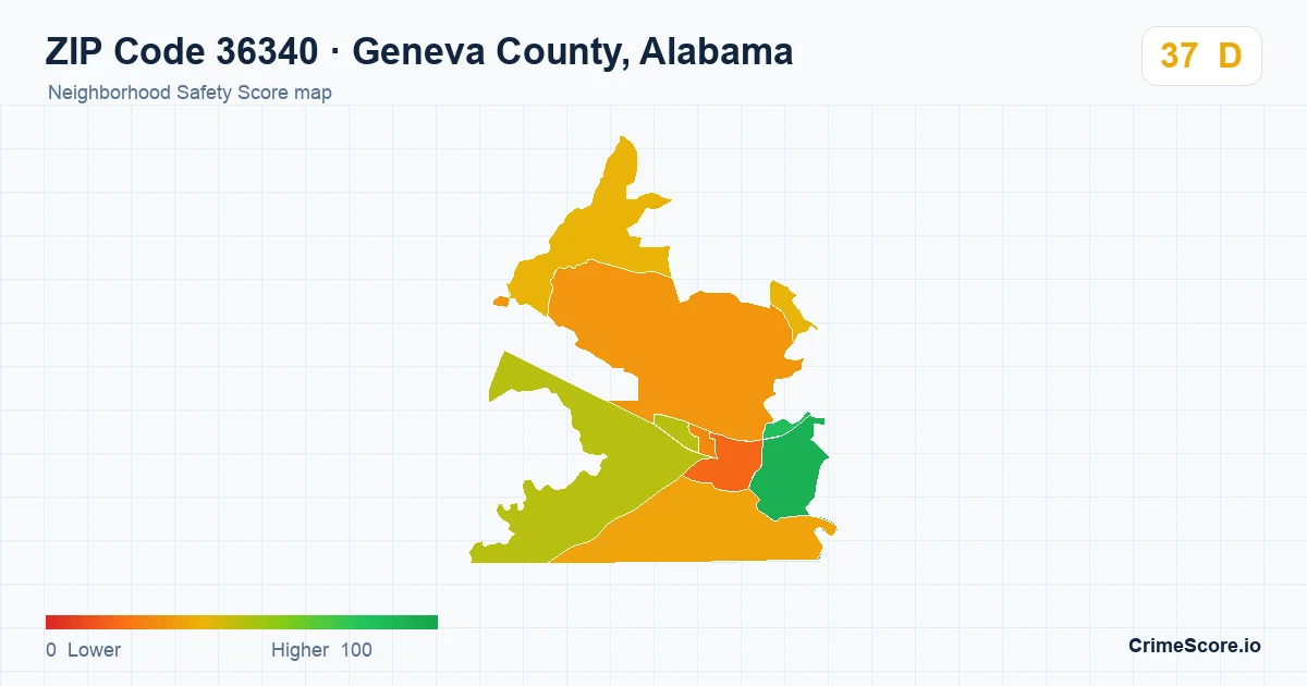 ZIP Code 36340 in Geneva County, Alabama neighborhood Safety Score map