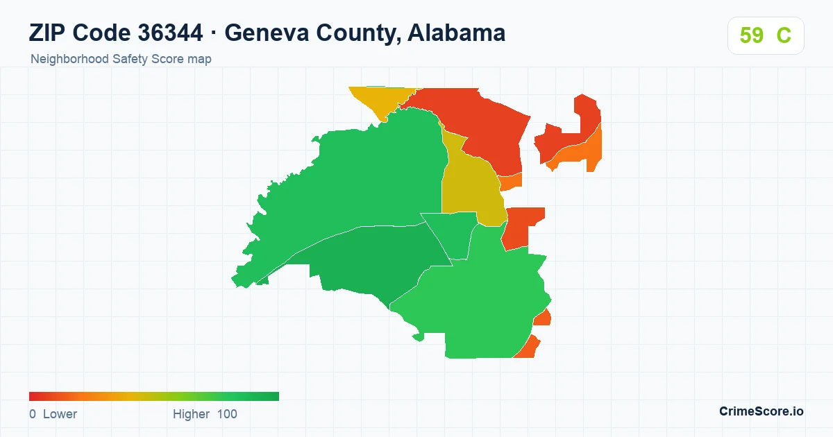 ZIP Code 36344 in Geneva County, Alabama neighborhood Safety Score map