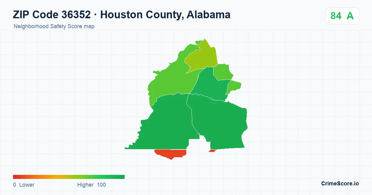 ZIP Code 36352 in Houston County, Alabama neighborhood Safety Score map