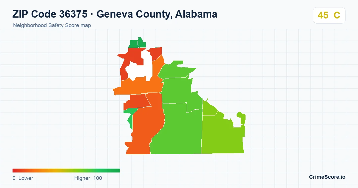 ZIP Code 36375 in Geneva County, Alabama neighborhood Safety Score map