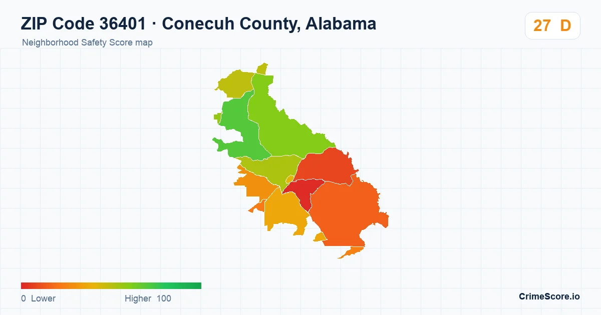 ZIP Code 36401 in Conecuh County, Alabama neighborhood Safety Score map