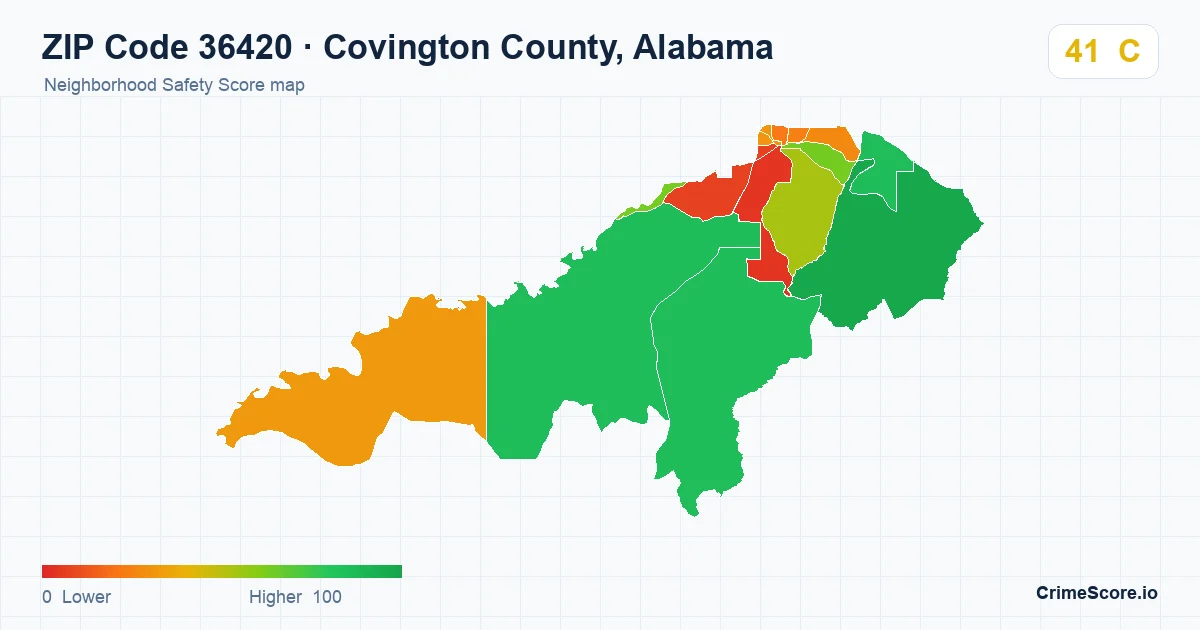 ZIP Code 36420 in Covington County, Alabama neighborhood Safety Score map