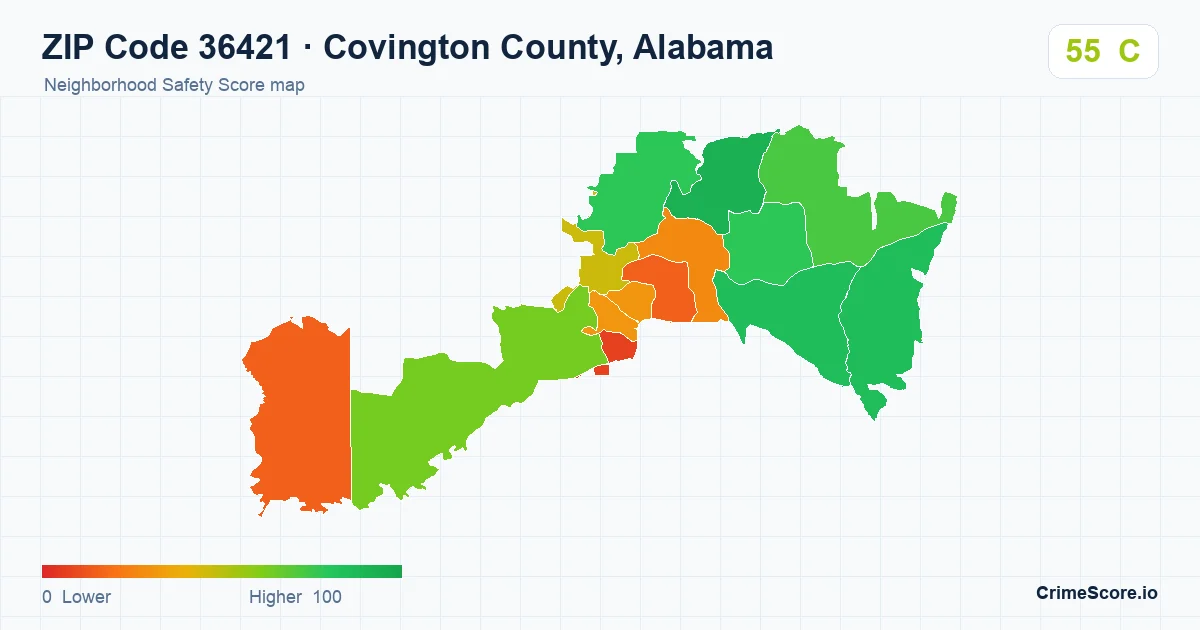 ZIP Code 36421 in Covington County, Alabama neighborhood Safety Score map