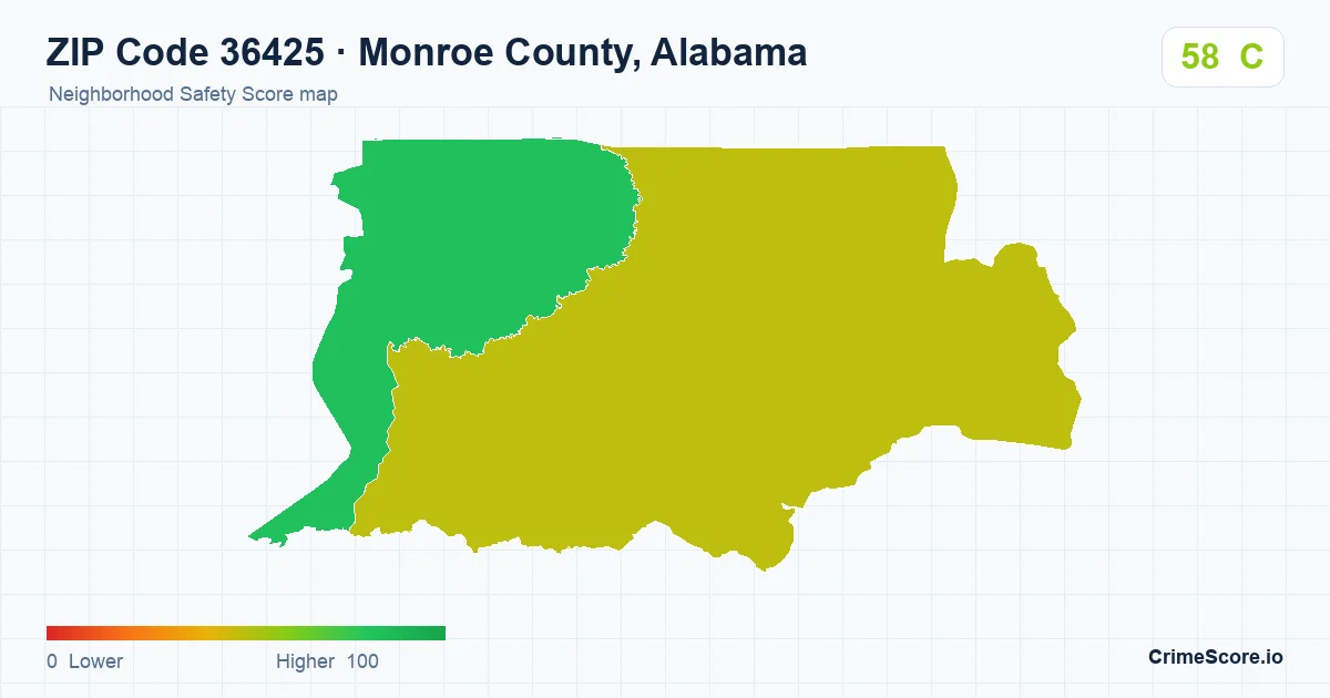 ZIP Code 36425 in Monroe County, Alabama neighborhood Safety Score map