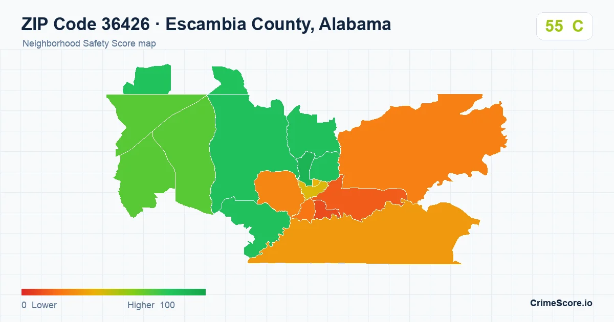 ZIP Code 36426 in Escambia County, Alabama neighborhood Safety Score map