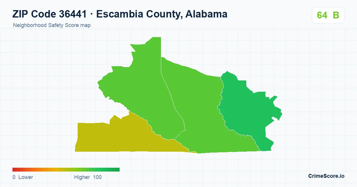 ZIP Code 36441 in Escambia County, Alabama neighborhood Safety Score map
