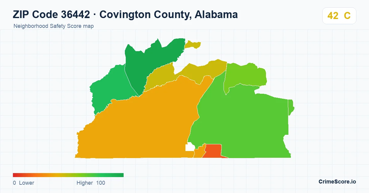 ZIP Code 36442 in Covington County, Alabama neighborhood Safety Score map