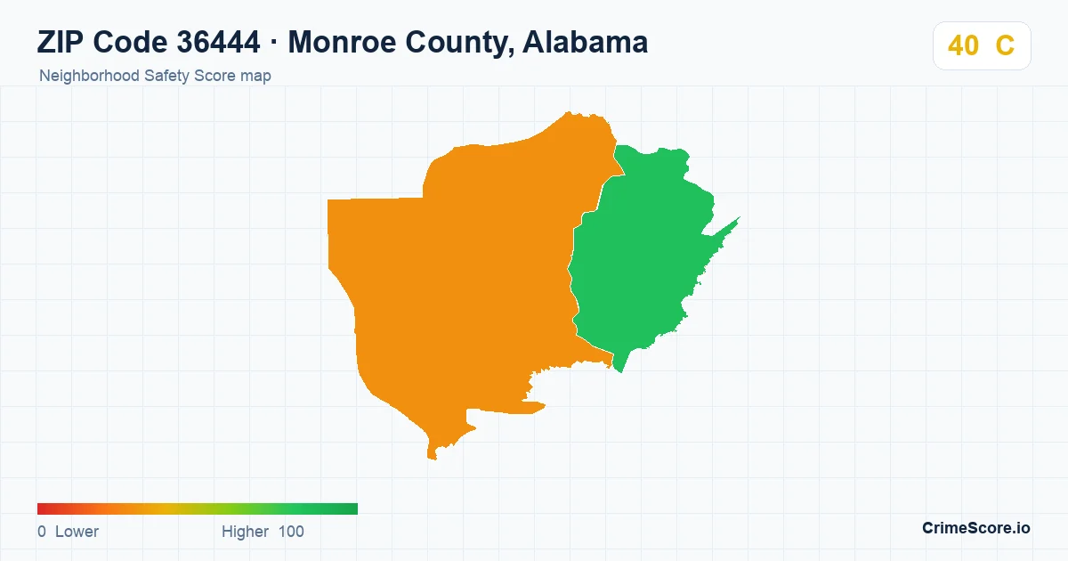 ZIP Code 36444 in Monroe County, Alabama neighborhood Safety Score map