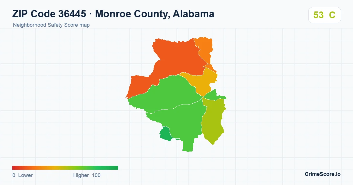 ZIP Code 36445 in Monroe County, Alabama neighborhood Safety Score map