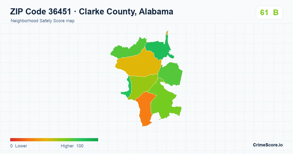 ZIP Code 36451 in Clarke County, Alabama neighborhood Safety Score map