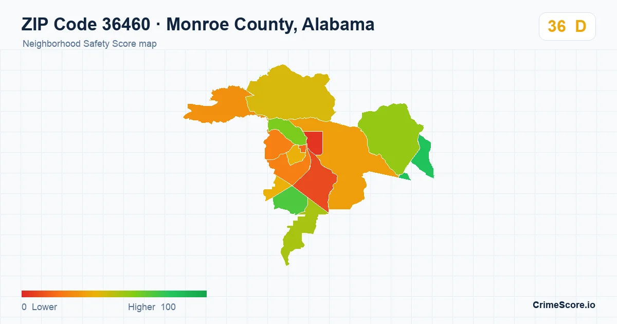 ZIP Code 36460 in Monroe County, Alabama neighborhood Safety Score map