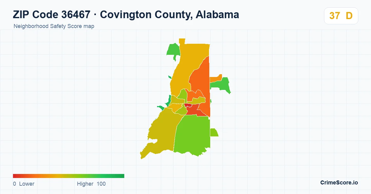 ZIP Code 36467 in Covington County, Alabama neighborhood Safety Score map
